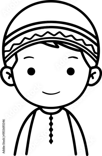 Smiling boy wearing traditional Muslim cap and kurta Black and white vector illustration

