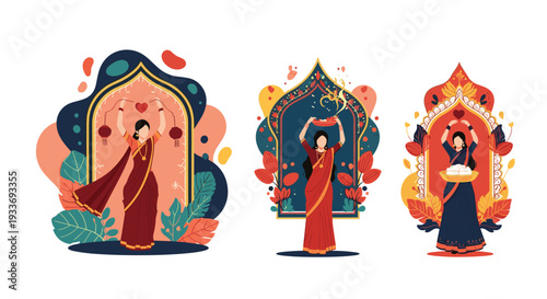 Beautiful illustrations of Indian women dressed in traditional saris performing cultural rituals with lamps and decorative frames.