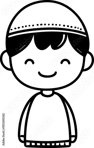 Smiling boy wearing traditional Muslim cap and kurta Black and white vector illustration
