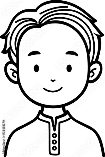 Smiling boy wearing traditional Muslim cap and kurta Black and white vector illustration
