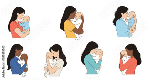 Heartwarming collection of diverse mothers from different ethnic backgrounds lovingly holding and cuddling their newborn babies.