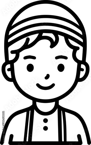 Smiling boy wearing traditional Muslim cap and kurta Black and white vector illustration
