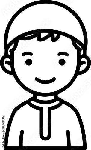Smiling boy wearing traditional Muslim cap and kurta Black and white vector illustration
