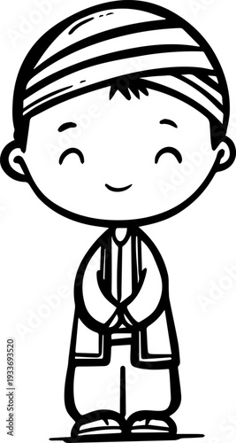 Smiling boy wearing traditional Muslim cap and kurta Black and white vector illustration
