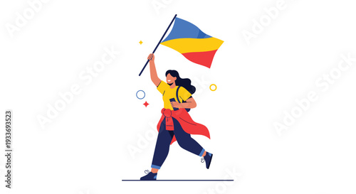 Courageous woman running forward while holding a colorful flag high in the air representing protest activism or national pride.