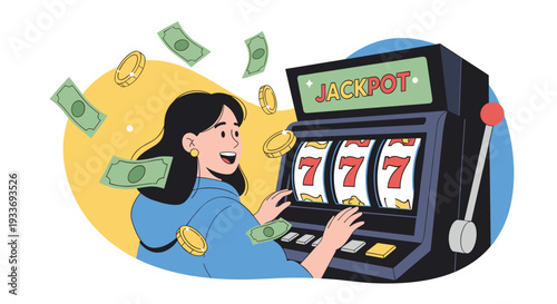 Excited woman celebrating a big win at a slot machine with jackpot text and flying money coins in a casino or gaming environment.
