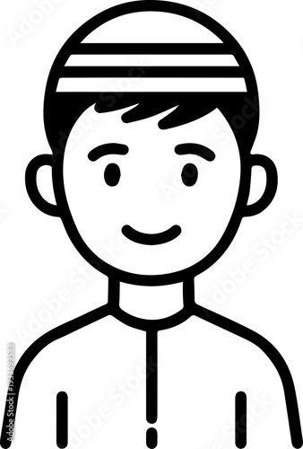 Smiling boy wearing traditional Muslim cap and kurta Black and white vector illustration
