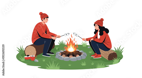 Young couple sitting on logs and roasting marshmallows over a glowing campfire in a peaceful outdoor camping scene on grass.