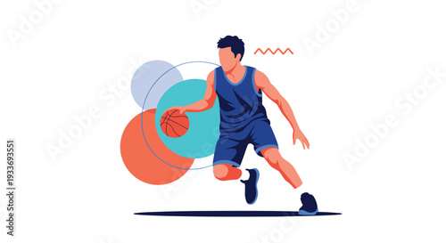 Dynamic illustration of a male basketball player in a blue jersey dribbling a ball against a background with abstract circles.