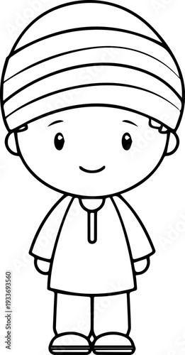 Smiling boy wearing traditional Muslim cap and kurta Black and white vector illustration
