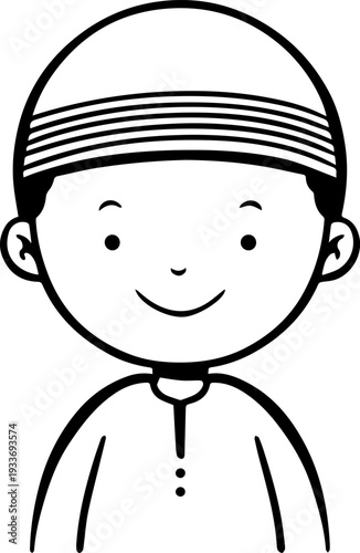 Smiling boy wearing traditional Muslim cap and kurta Black and white vector illustration
