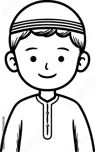 Smiling boy wearing traditional Muslim cap and kurta Black and white vector illustration
