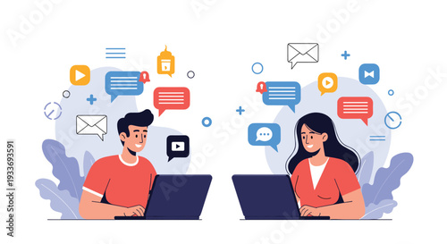 Man and woman sitting with laptops and communicating online with various digital icons and speech bubbles for social networking.