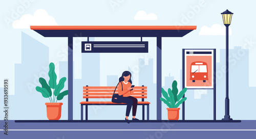 Woman sitting alone on a wooden bench at a modern city bus stop while checking her mobile phone and waiting for public transport.
