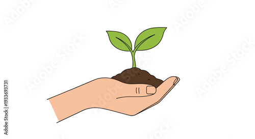 Human hand carefully holds a small pile of fertile soil with a young green sprout growing from it to symbolize environmental conservation.