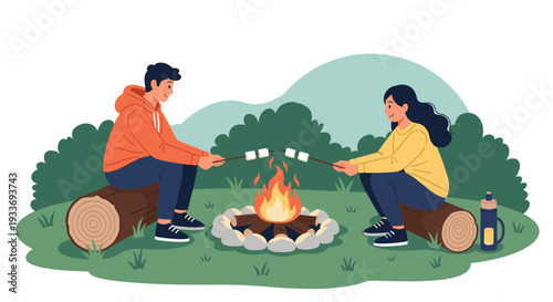 Happy couple sits on logs around a warm campfire in a forest and roasts marshmallows on sticks during a peaceful outdoor camping trip.