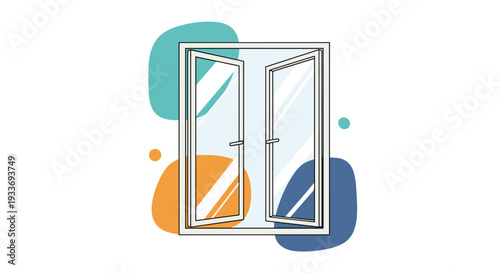 Modern white window frame is opened to reveal a bright view with abstract blue and orange shapes behind it for home renovation concepts.