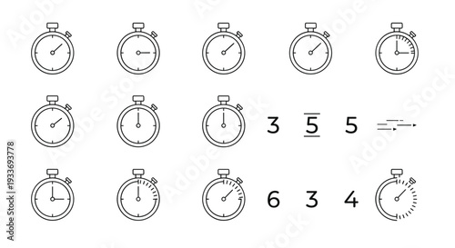 Grid of twelve stopwatch icons displays different time durations and numeric values for tracking progress and measuring performance in sports.