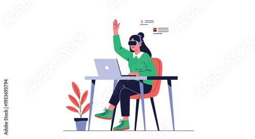Businesswoman sits at her desk and wears a virtual reality headset while interacting with a digital interface by raising her hand in the air.