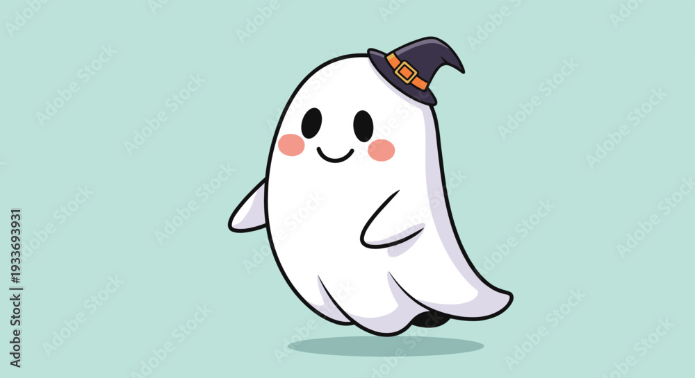 Fototapeta premium Friendly little white ghost wearing a purple witch hat with an orange buckle smiles playfully against a light blue background for Halloween.