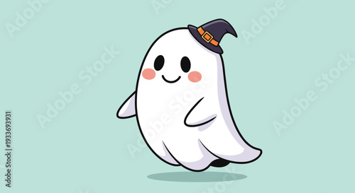 Friendly little white ghost wearing a purple witch hat with an orange buckle smiles playfully against a light blue background for Halloween.