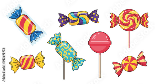 Assortment of colorful wrapped candies and lollipops with stripes and patterns offers a sweet variety for party treats and confectionery shops.