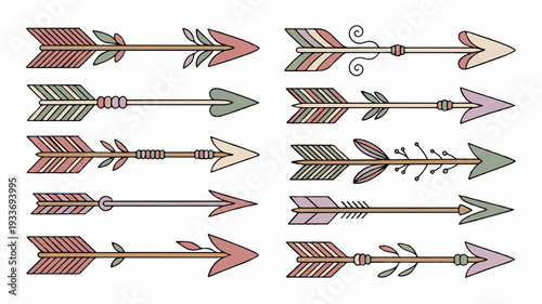 Colorful hand drawn arrows with feathers on white background for design and decoration