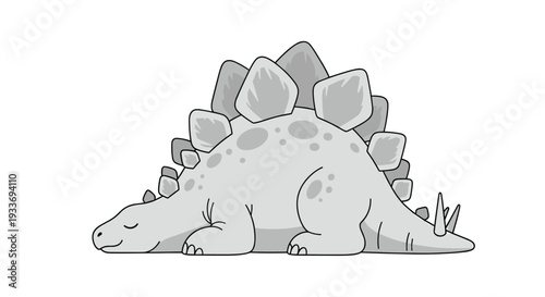 Large gray stegosaurus dinosaur with bony plates on its back and spikes on its tail sleeps peacefully against a clean white background.