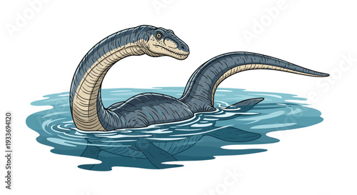 Large prehistoric plesiosaur with a very long neck and gray skin swims through the blue ocean water on a clear day in a realistic illustration.