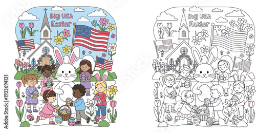 Big USA Easter bunny with diverse children egg hunt at church. Colored and outline coloring page vector illustration.