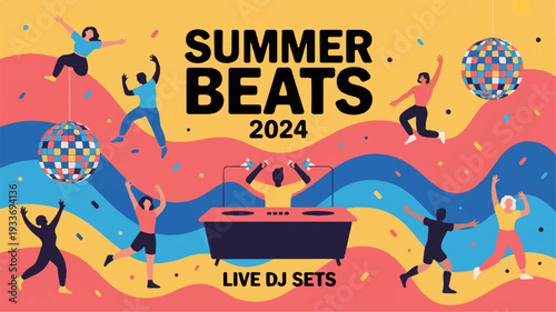 Vibrant summer party with live dj sets and dancing people at night festival event