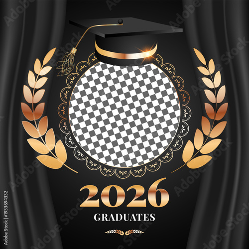 Graduation 2026 template with golden laurel wreath and academic cap. Black elegant background with photo frame layout for university ceremony, school celebration. Vector illustration