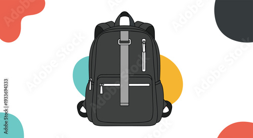 Modern black urban backpack with silver gray accents is centered against a background of colorful abstract shapes for travel and school gear.