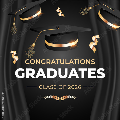 Modern graduation poster with floating mortarboards and black curtains. Congratulations Graduates layout for school ceremony, university event, celebration banner, digital design. Vector illustration