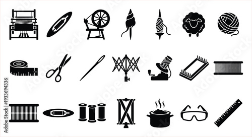 Collection of Black and White Icons Depicting Textile Craft and Sewing Tools