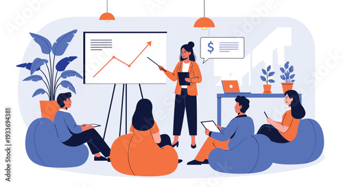 Businesswoman points to a rising graph on a whiteboard during a meeting with colleagues sitting on bean bags in a modern office environment.