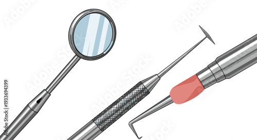 Set of three stainless steel dental tools including a mouth mirror and probe used by dentists for patient examination and treatment procedures.