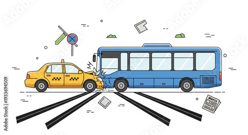 Taxi and Bus Collision Accident Scene.