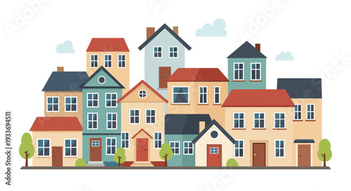 Row of colorful and stylized townhouses with various roof shapes and windows creates a friendly urban neighborhood scene for real estate ads.