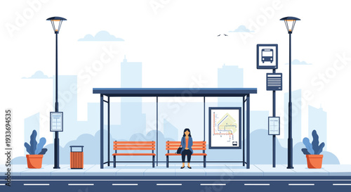 Solitary woman sits on a bench at a bus stop on a quiet city street with skyscrapers and street lamps under a clear blue sky for urban themes.