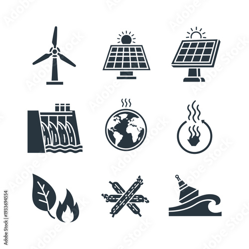 Renewable energy sources icons on white background