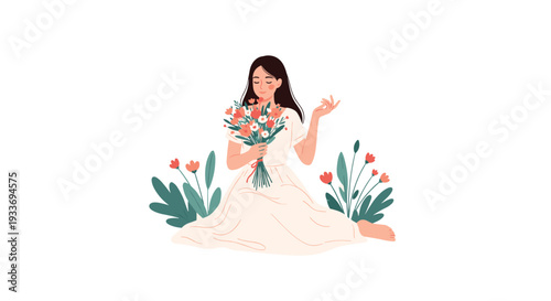 Young woman in a white dress sits on the ground and holds a large bouquet of colorful flowers against a pure white background for spring.