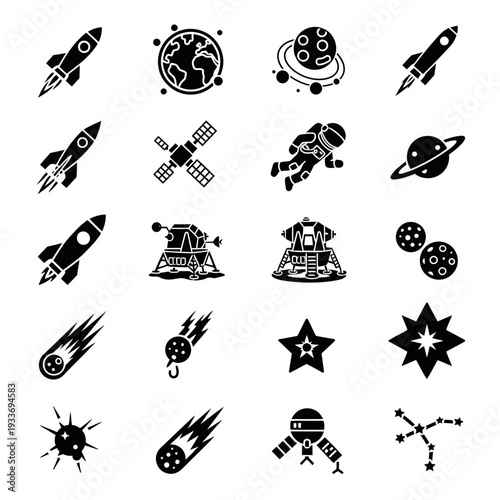 A collection of black and white icons depicting various space and astronomy related objects