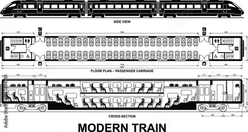 Modern Train Passenger Carriage Blueprint with Side View Floor Plan and Cross Section Interior Diagram