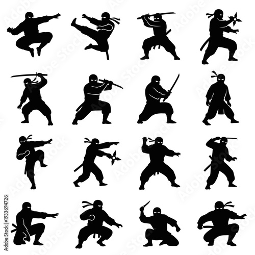 A collection of ninja silhouettes in various fighting poses