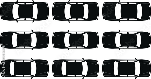 Top View Black Car Silhouette Pattern Set with Repeating Vehicle Icons on Minimal Light Background for Automotive Design Use