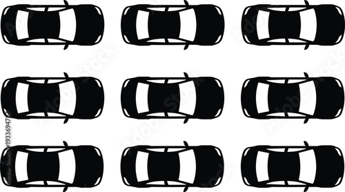 Top View Black Sedan Car Silhouette Seamless Pattern with Repeating Vehicle Icons on Minimal Light Background