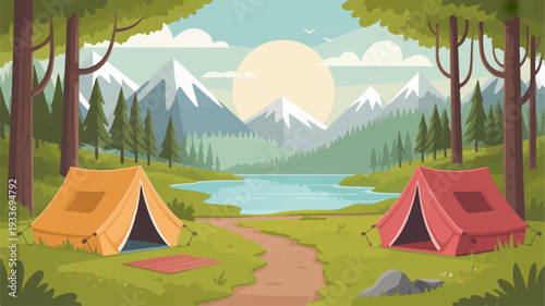 Camping tents by serene lake with mountains trees and sunny sky in background for outdoor adventure