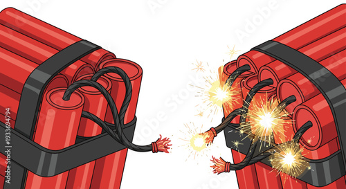 Two bundles of red dynamite sticks with black wires and sparking lit fuses against a clean white background in a comic style.