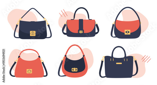 Collection of six modern stylish handbags for women in navy blue and coral colors with elegant gold hardware and straps.